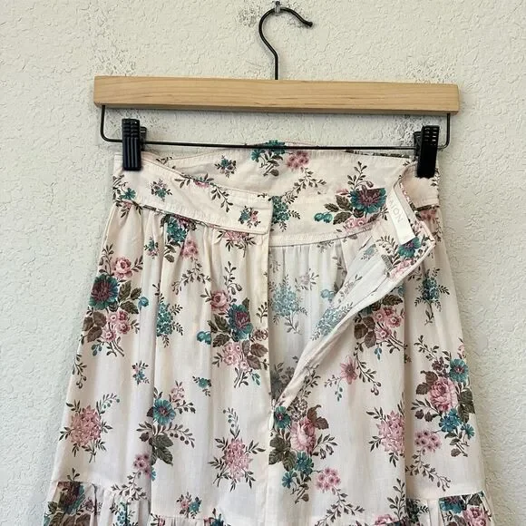 ANNA MASON Maxi Skirt Beige Floral Tiered Flare Cotton Peasant Fairy - Picture 4 of 11